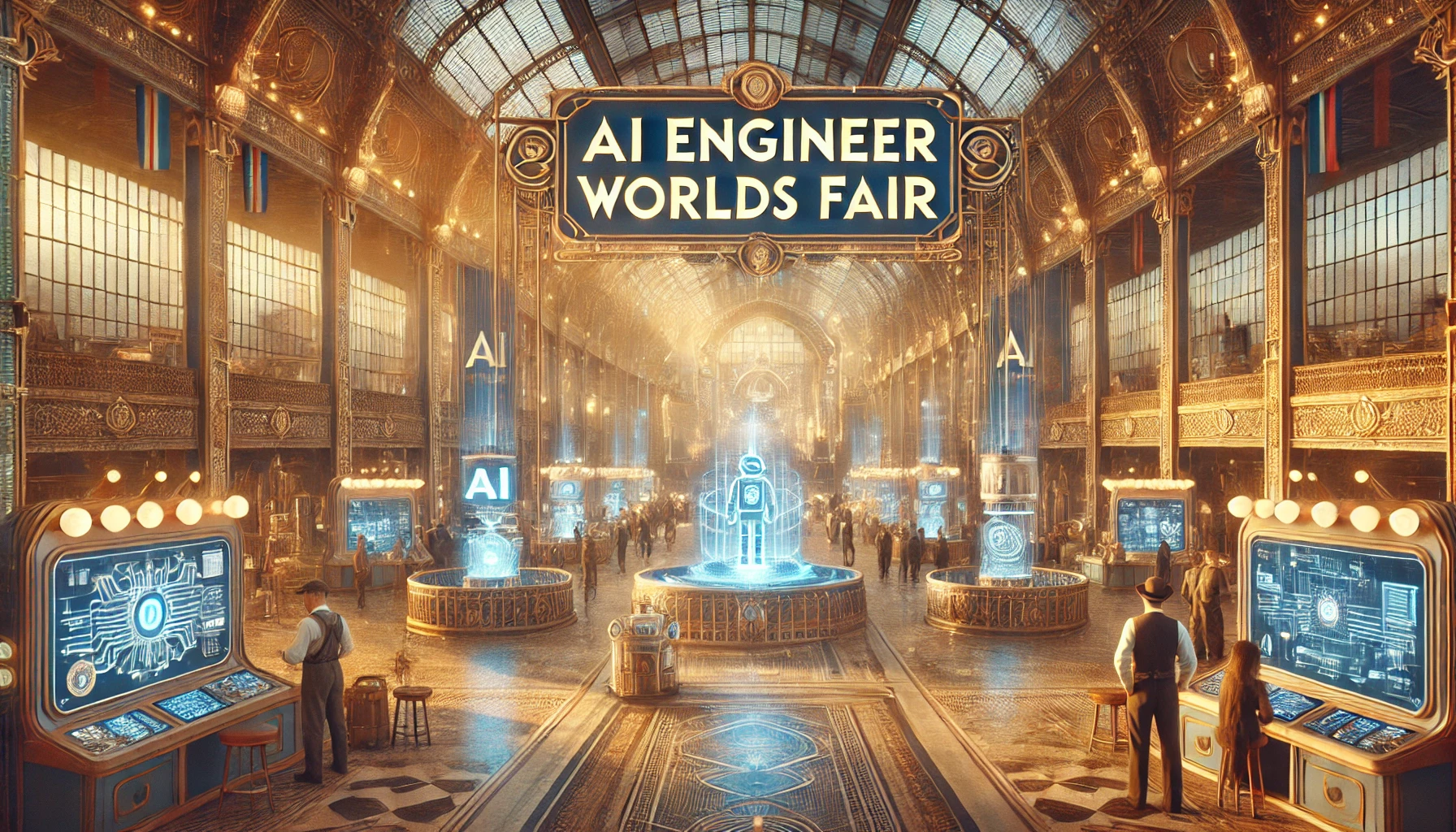 Futurisic retro view of AI Engineer World Fair Expo Hall